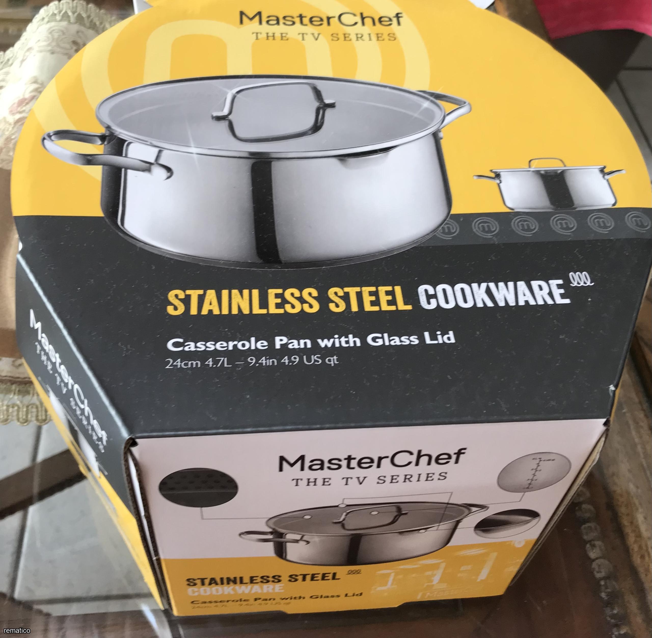 Masterchef stainless steel cookware casserole pan with glass lid 24cm 4.7L